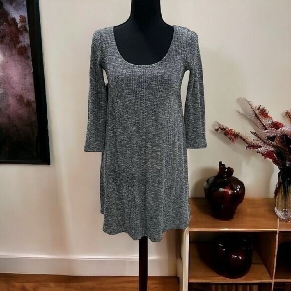 Garage Petite‎ S Gray Marled Knit Swing Dress Long Sleeve Scoop Neck Casual